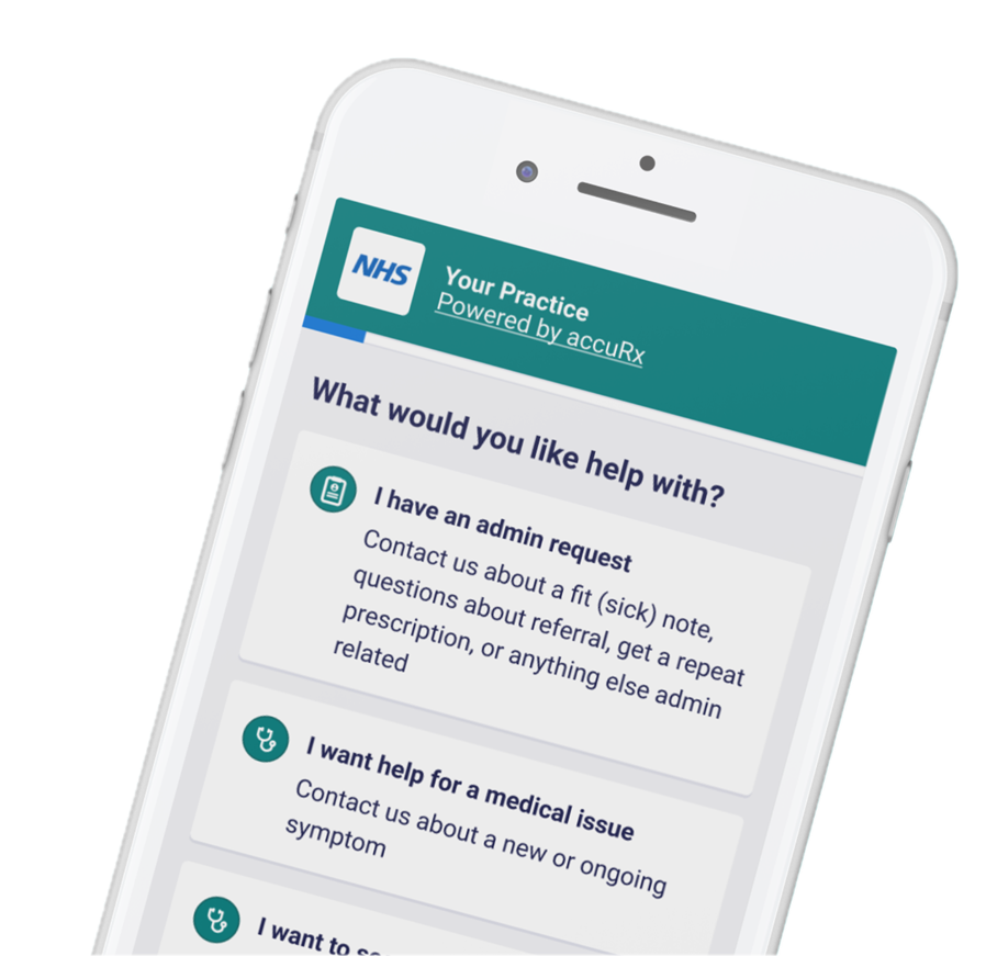 Mobile phone showing the NHS accuRx online request form